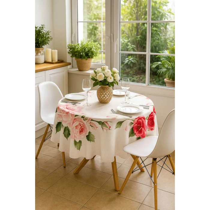 Yuvarlak Gül Desenli Duck Kumaş Masa Örtüsü 150x150 Cm