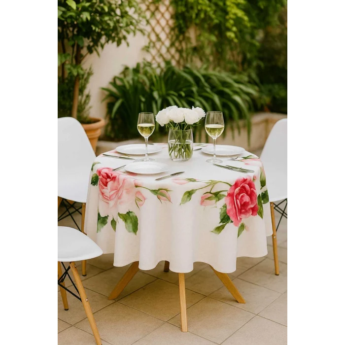 Yuvarlak Gül Desenli Duck Kumaş Masa Örtüsü 150x150 Cm