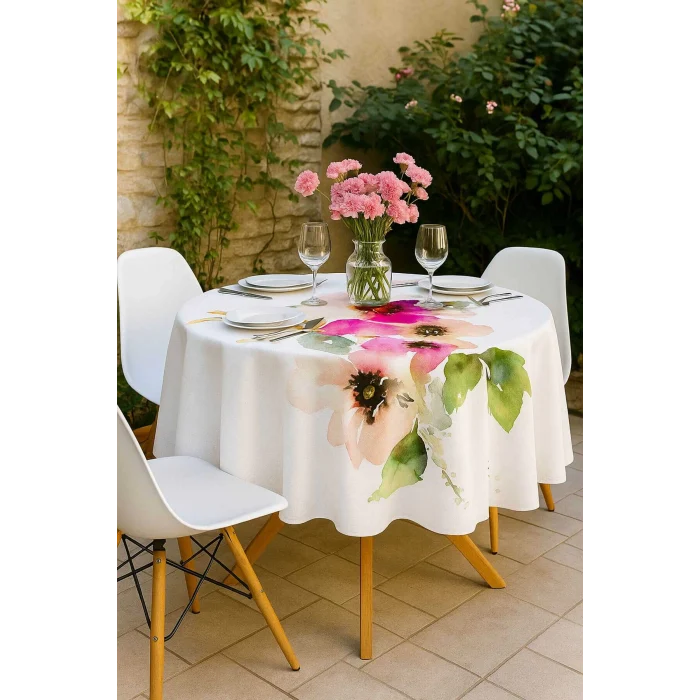 Yuvarlak Pastel Çiçek Desenli Duck Kumaş Masa Örtüsü 150x150 Cm
