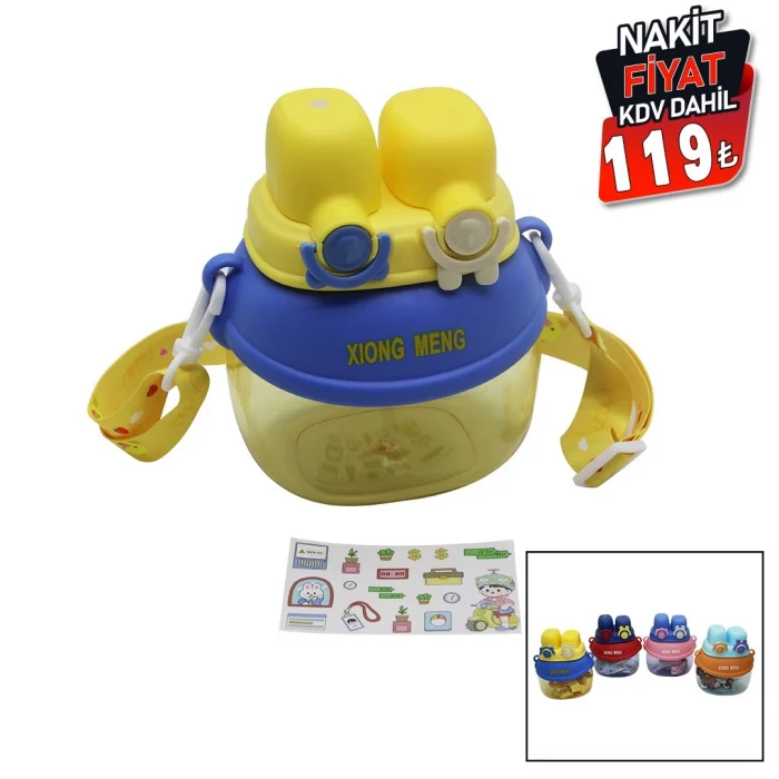 Yüz Modeli  - 2 Kilitli Kapak  Renkli Mika Kristal Suluk Matara Pipetli - Naylon Çantalı - Askılı 1280ml