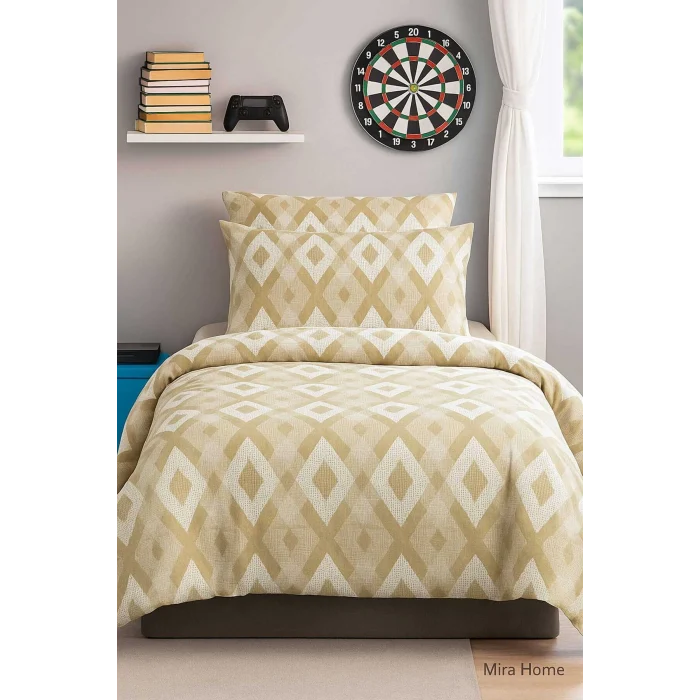 Zigzag Desenli Sarı Pamuklu Tek Kişilik Nevresim Takımı