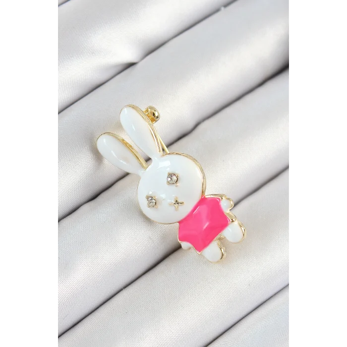 Zirkon Taş Detaylı Beyaz Ve Pembe 3D Tavşan Figürlü Kadın Broş