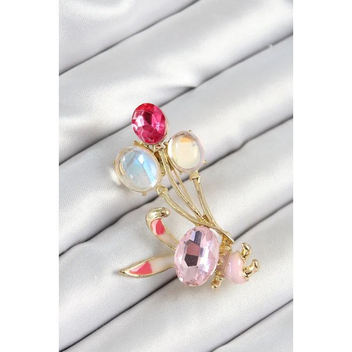 Zirkon Taşlı  Balonlu Pembe Tavşan Figürlü Gold Renk Kadın Broş