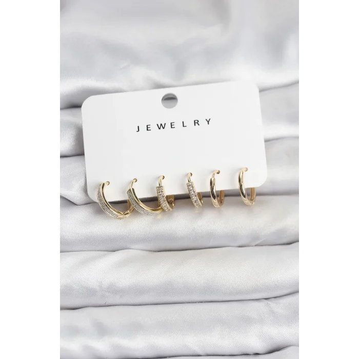 Zirkon Taşlı Gold Renk Pirinç Kadın Küpe Seti