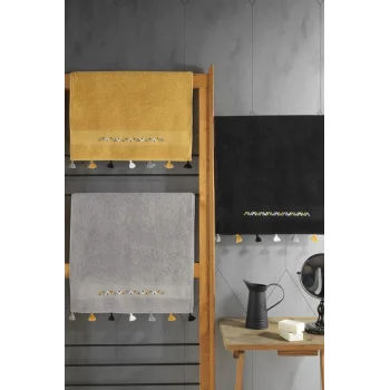 %100 Pamuk 3lü Nakışlı Püsküllü Havlu Seti Hardal-Gri-Siyah