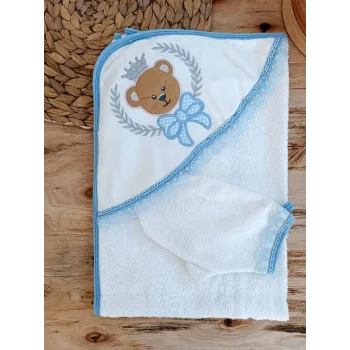 Luz&Pos 0-1 Yaş Bear Nakışlı El Keseli 2li Erkek Bebek Havlu Takımı Mavi
