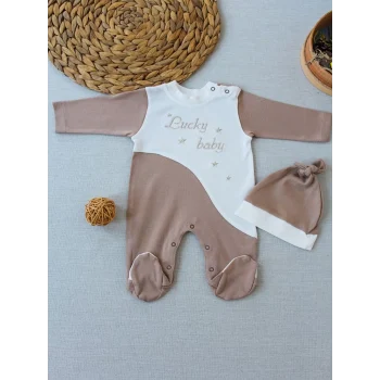 Luz&Pos 0-3 3-6 Ay Lucky Baby Nakışlı Es Çizgi Boy Şapkalı Erkek Bebek Tulumu Kahverengi