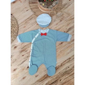 Luz&Pos 0-3 3-6 Ay Papyonlu Çizgi Desen Çıtçıt Kapama Kasketli Erkek Bebek Tulumu Lacivert
