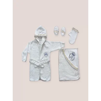 Luz&Pos 0-6 Ay Kaplan Nakışlı Bornozlu 5li Erkek Bebek Havlu Silgi Takımı Mavi