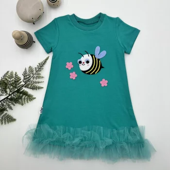 Luz&Pos 1-2-3 Yaş Arıcık Nakışlı Eteği Fırfırlı Jile Kız Çocuk Elbisesi Turkuaz