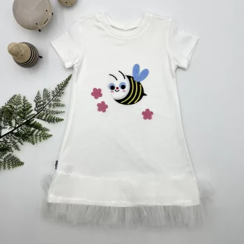 Luz&Pos 1-2-3 Yaş Arıcık Nakışlı Eteği Fırfırlı Jile Kız Çocuk Elbisesi Beyaz