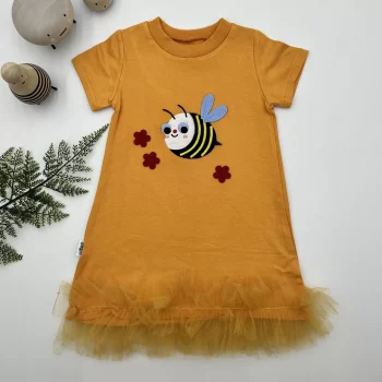 Luz&Pos 1-2-3 Yaş Arıcık Nakışlı Eteği Fırfırlı Jile Kız Çocuk Elbisesi Turuncu