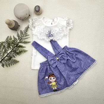 Luz&Pos 1-2-3 Yaş Bayan Arı Nakışlı Kot Desenli Etek Pamuklu Kumaş 2li Kız Bebek Salopet Takımı Mavi