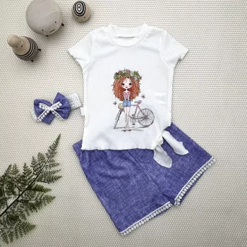 Luz&Pos 1-2-3 Yaş Bisikletli Kız Baskılı Bandanalı Kot Desenli Şort Kısa Kollu Tişört 3lü Kız Bebek Takımı Mavi