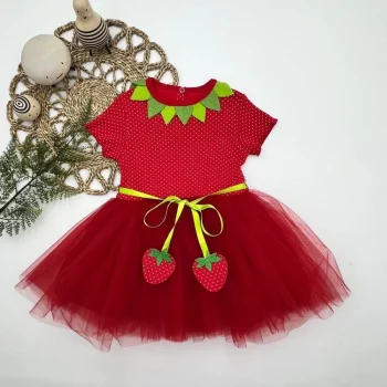 Luz&Pos 1-2-3 Yaş Çilek Bebekler Baskılı Çilek Kuşaklı Astarlı Kız Bebek Tütü Elbise Kırmızı