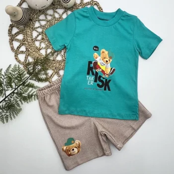 Luz&Pos 1-2-3 Yaş Kaykaycı Ayı Baskılı Şortlu Kısa Kollu Tişört 2li Erkek Bebek Takımı Turkuaz