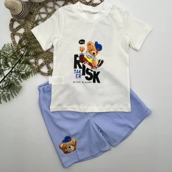 Luz&Pos 1-2-3 Yaş Kaykaycı Ayı Baskılı Şortlu Kısa Kollu Tişört 2li Erkek Bebek Takımı Ekru