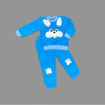 Luz&Pos 1-2-3 Yaş Kulaklı Tavşan Figürlü Kuzu Kumaş Sweat Pantolon Uzun Kollu Kız Erkek 2 Li Takımı Saks Mavisi