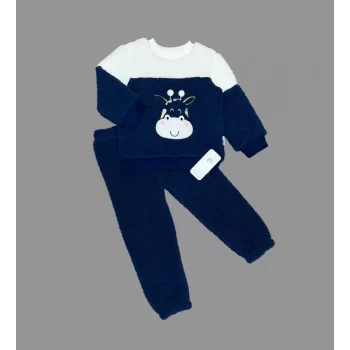 Luz&Pos 1-2-3 Yaş Ponponlu Zürafa Desenli Kuzu Kumaş Uzun Kollu 2li Kız Erkek Çocuk Takımı Lacivert