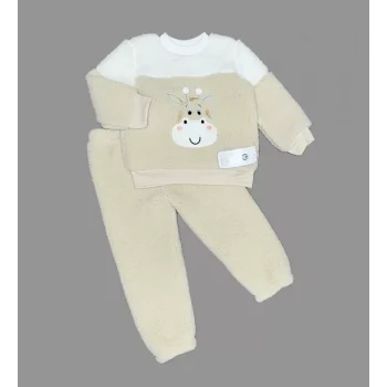 Luz&Pos 1-2-3 Yaş Ponponlu Zürafa Desenli Kuzu Kumaş Uzun Kollu 2li Kız Erkek Çocuk Takımı Bej