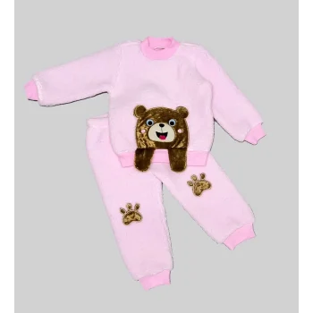 Luz&Pos 1-2-3 Yaş Sallanan El Ayıcıklı Kuzu Kumaş Sweat Patili Pantolon Uzun Kollu Kız Erkek 2 Li Takımı Pembe