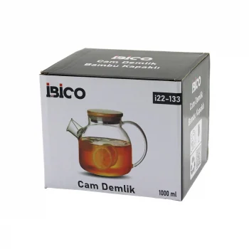 1000ml Sade Düz Cam Demlik  Bambu Dış Yüzey - Metal İç Yüzey - Silikon Contalı Kapak