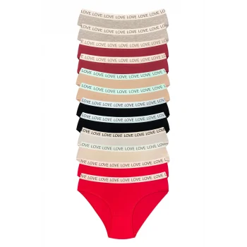12 Adet Pamuklu Esnek Kadın Slip Bikini Külot Geniş Lastikli Baskılı