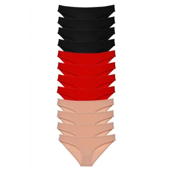 12 adet Süper Eko Set Likralı Kadın Slip Külot Siyah Kırmızı Ten