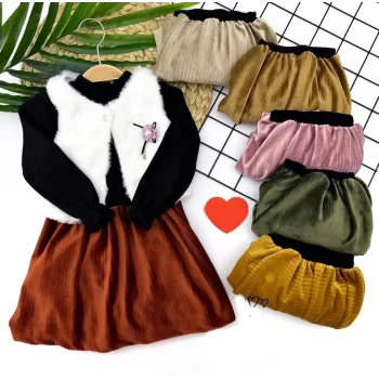 Luz&Pos 2-3-4-5 Yaş Kadife Etekli Tüylü Yelek Uzun Kollu Siyah Sweat 3lü Kız Bebek Takımı Kahverengi