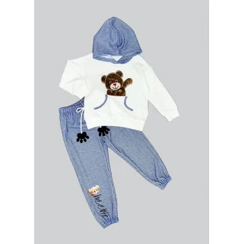 Luz&Pos 2-3-4 Yaş Pelüş Ayı Desenli Kapşonlu Uzun Kollu Penye Sweat 2li Erkek Çocuk Takımı Ekru