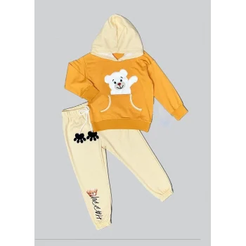 Luz&Pos 2-3-4 Yaş Pelüş Ayı Desenli Kapşonlu Uzun Kollu Penye Sweat 2li Erkek Çocuk Takımı Turuncu