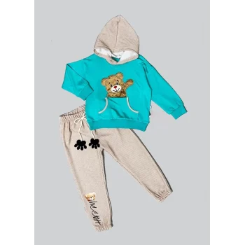 Luz&Pos 2-3-4 Yaş Pelüş Ayı Desenli Kapşonlu Uzun Kollu Penye Sweat 2li Erkek Çocuk Takımı Mint Yeşili