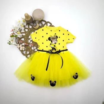 Luz&Pos 2-3-4 Yaş Puantiyeli Mickey Baskılı Kurdela Kuşaklı Astarlı Kız Bebek Tütü Elbisesi Sarı