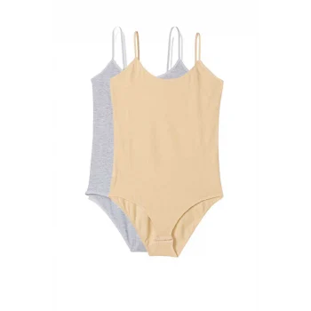 2 Adet İp Askılı Kadın Çıtçıtlı Body Gri ve Ten