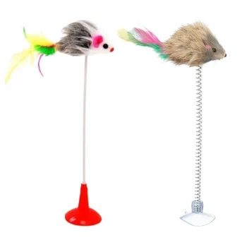 2'li Vantuzlu Fareli Tüylü Hareketli Çanlı Ve Esneyen Eğlenceli Peluş Kedi Oyuncağı