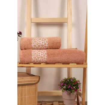 2 Parça %100 Pamuklu Banyo Havlu Seti Leopar Desen Kahve