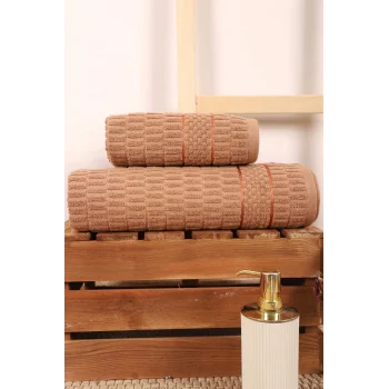 2 Parça Banyo Havlu Takımı &#37;100 Pamuklu Çubuk Desen Kahverengi