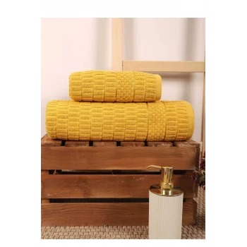 2 Parça Banyo Havlu Takımı &#37;100 Pamuklu Çubuk Desen Sarı