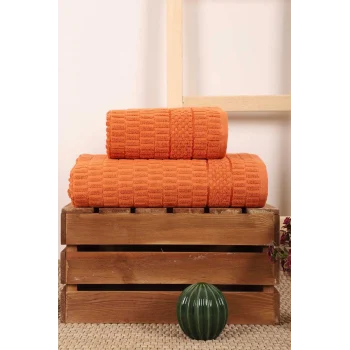 2 Parça Banyo Havlu Takımı &#37;100 Pamuklu Çubuk Desen Turuncu
