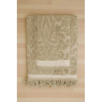 2 Parça Jakarlı Banyo Havlu Takımı &#37;100 Pamuklu 90x150 Cm Arden Bej