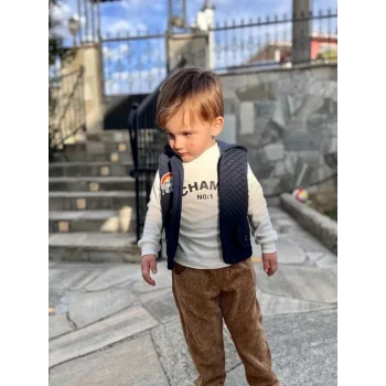 Luz&Pos 3-4-5 Yaş Fitilli Kadife Pantolon Kapitone Kapşonlu Yelek Uzun Kollu Sweat 3lü Erkek Çocuk Takımı Lacivert