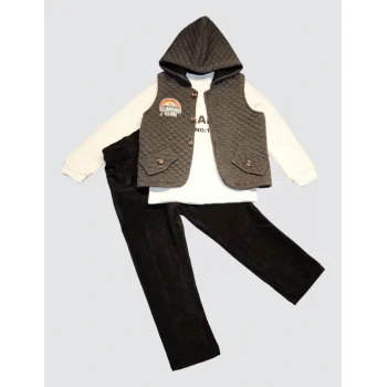 Luz&Pos 3-4-5 Yaş Fitilli Kadife Pantolon Kapitone Kapşonlu Yelek Uzun Kollu Sweat 3lü Erkek Çocuk Takımı Füme