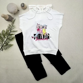 Luz&Pos 3-4-5 Yaş Forever Cici Kızlar Baskılı Kapşonlu 2li Kız Çocuk Takımı Lacivert