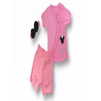 Luz&Pos 3-6 6-9 9-12 12-18 Ay Princess Taçlı Mickey Nakışlı Şort Tişört 3lü Kız Bebek Takımı Pembe