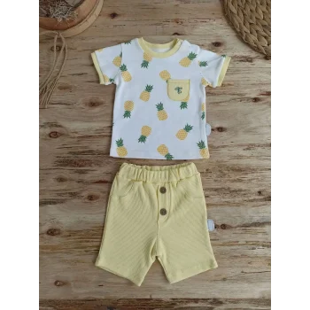 Luz&Pos 3-6 6-9 9-12 Ay Ananas Baskılı Şort Tişört 2 Li Kız Erkek Bebek Takımı Sarı