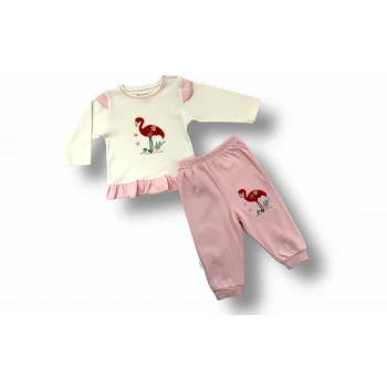 Luz&Pos 3-6 6-9 9-12 Ay Flamingo Nakışlı Uzun Kollu Sweatli 2li Kız Bebek Takımı Ekru