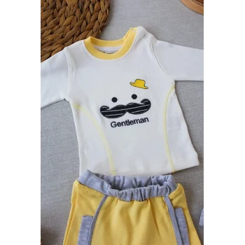 Luz&Pos 3-6 6-9 9-12 Ay Gentleman Erkek Nakışlı Şapkalı Uzun Kollu Sweat 3lü Erkek Bebek Takımı Sarı
