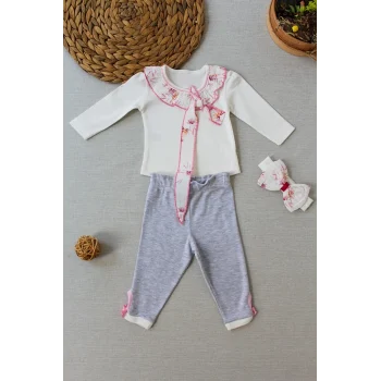 Luz&Pos 3-6 6-9 9-12 Ay Matmazel Yaka Fırfır Detaylı Bandanalı Uzun Kollu Sweat 3lü Kız Bebek Takımı Ekru