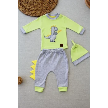 Luz&Pos 3-6 6-9 9-12 Ay Minik Dino Nakışlı Şapkalı Uzun Kollu Sweat 3lü Kız-erkek Bebek Takımı Yeşil