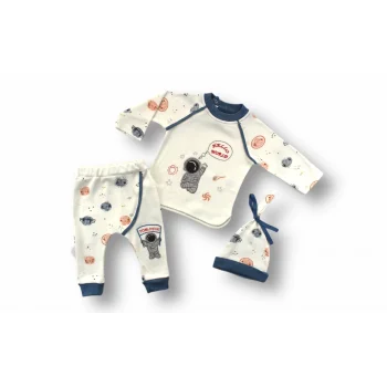 Luz&Pos 3-6 6-9 9-12 Ay Şirin Kozmonot Nakışlı Şapkalı Uzun Kollu Sweatli 3lü Kız-erkek Bebek Takımı Ekru